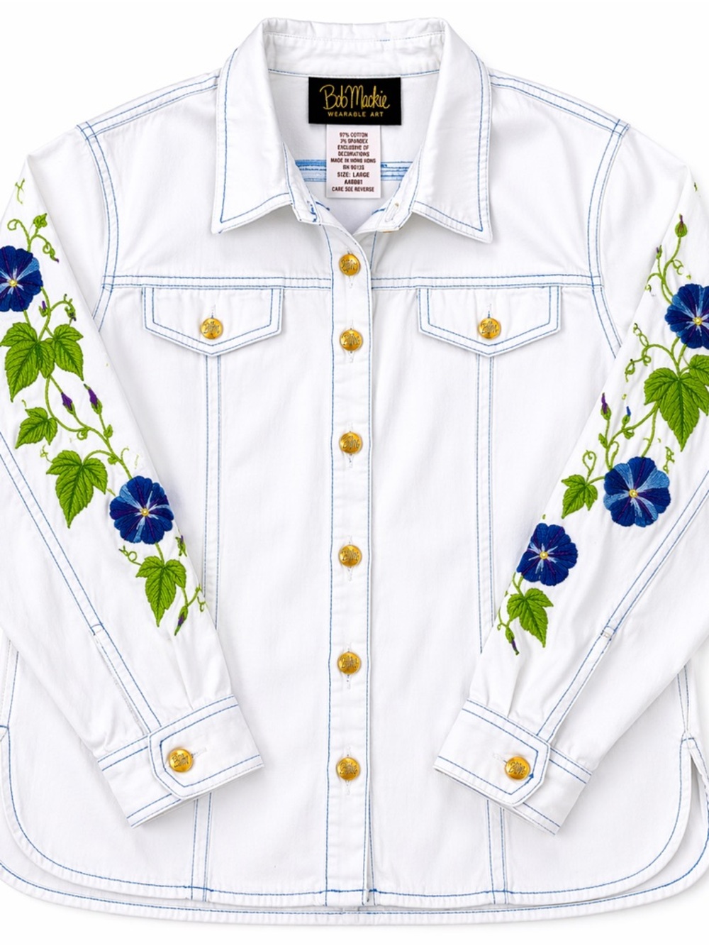 Vtg Bob Mackie Wearable Art Morning Glory Embroidered Denim Shirt Jacket Large